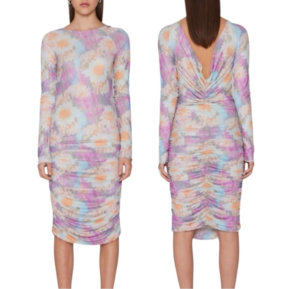 New Rotate Floral Mesh Long Sleeve Ruched Bodycon Dress Ulla Multicolor Size 2